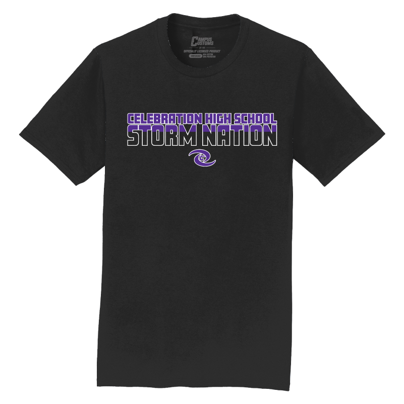 Black t-shirt with 'Celebration High School Storm Nation' text and logo on a white background