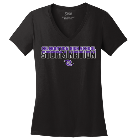Black V-neck t-shirt with 'Celebration High School Storm Nation' text and logo on a white background