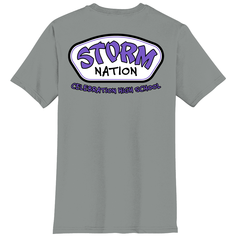Gray t-shirt with 'Storm Nation Celebration High School' text on the back