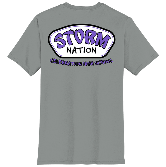 Gray t-shirt with 'Storm Nation Celebration High School' text on the back