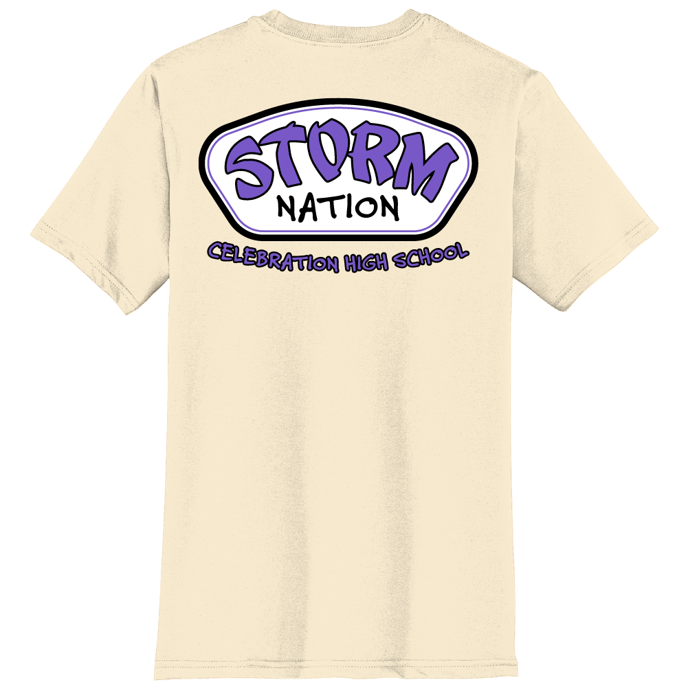Ivory t-shirt with 'Storm Nation Celebration High School' graphic on the back