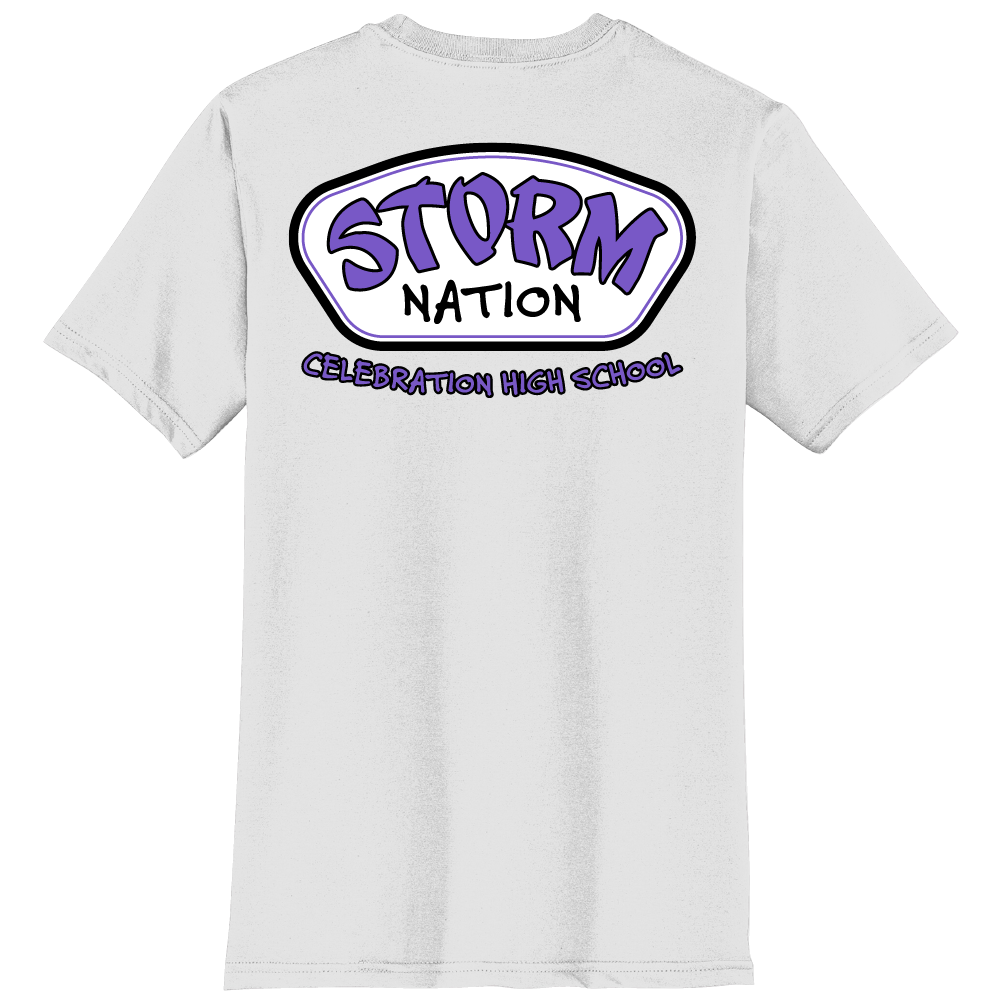 White t-shirt with 'Storm Nation Celebration High School' design on the back
