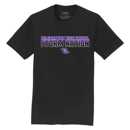 Black t-shirt with 'Celebration High School Storm Nation' text and logo on a white background