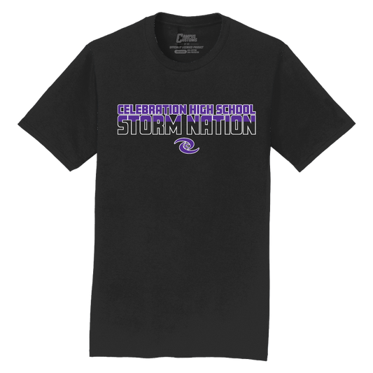 Black t-shirt with 'Celebration High School Storm Nation' text and logo on a white background