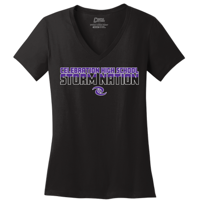 Black V-neck t-shirt with 'Celebration High School Storm Nation' text and logo on a white background