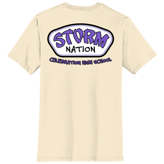Ivory t-shirt with 'Storm Nation Celebration High School' graphic on the back