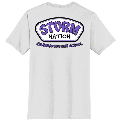 White t-shirt with 'Storm Nation Celebration High School' design on the back